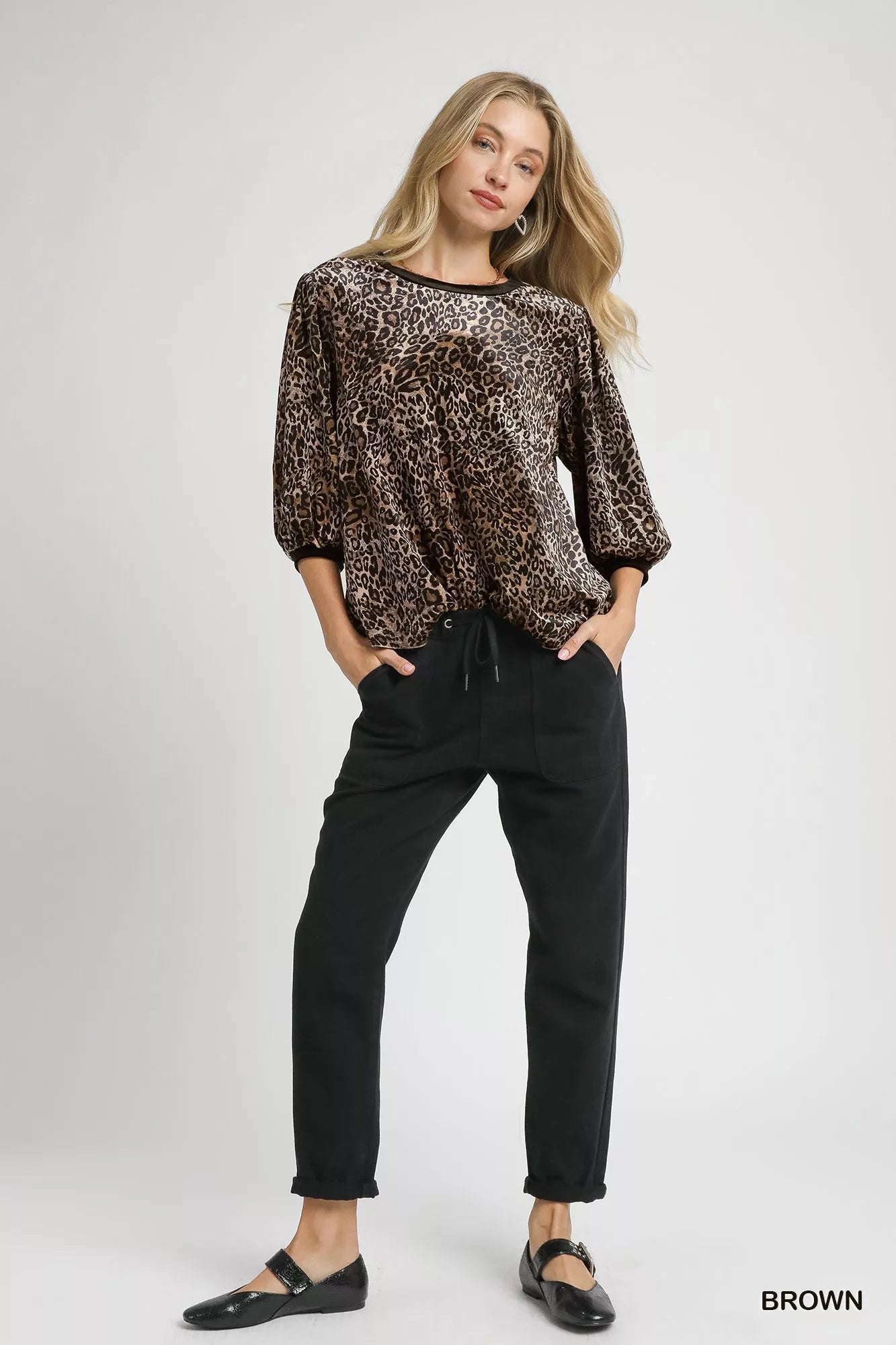 Umgee Brown Leopard Velvet Balloon Sleeve Blouse