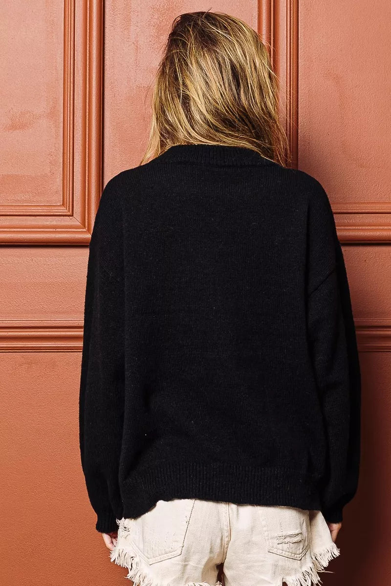 BiBi Black Tinsel Lettering Merry & Bright Christmas Sweater