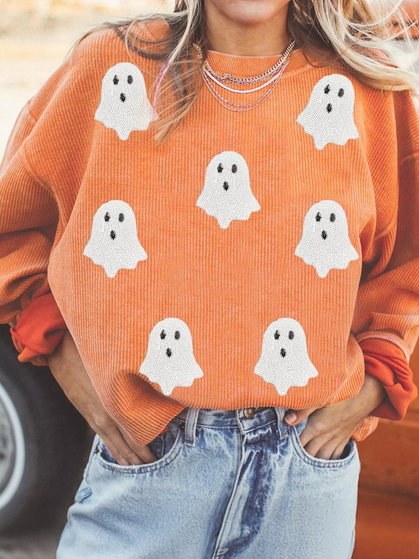 Preorder: Tangerine Halloween Ghost Sequin Patched Twisted Ribbed Textured Sweatshirt Tangerine