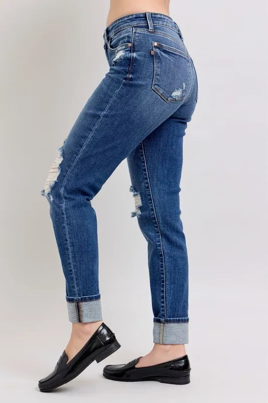 Judy Blue Dark Washed Midi Rise Boyfriend Destroyed Jeans with Yoke Pockets and Faux Selvedge Cuff