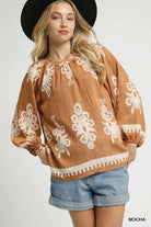 Umgee Mocha Two Tone Boho Border Print Top with Balloon Sleeves MOCHA