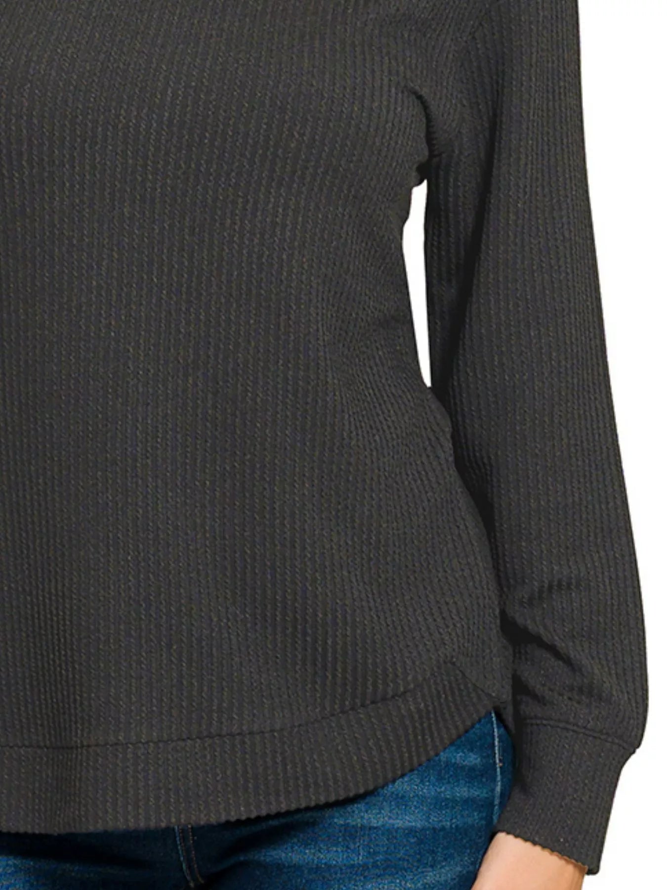 Zenana Black Raised Rib Round Neck Long Sleeve Top