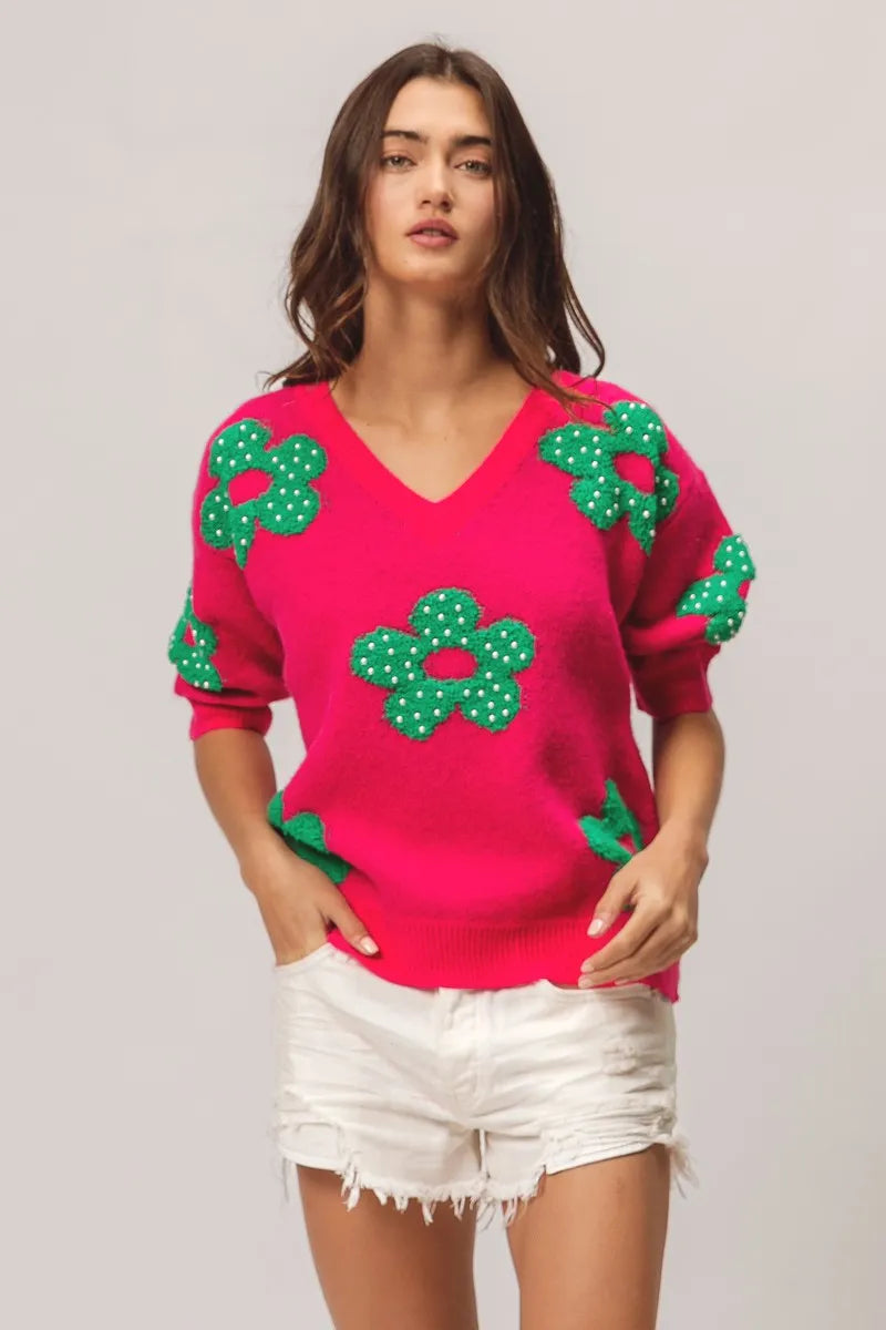 BiBi Fuchsia & Jade Pearl Beads Flowers Sweater Top