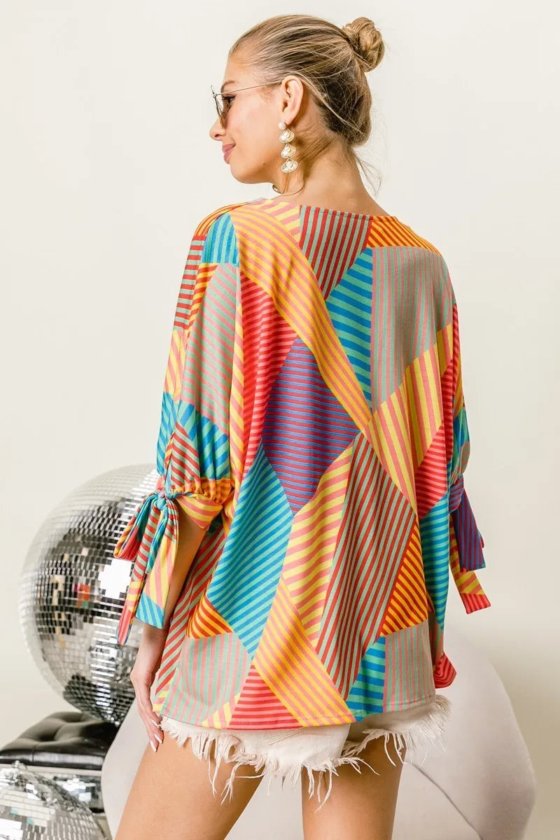 BiBi Multi Color Stripe Block Printed Jersey Blouse with Tied Sleeves