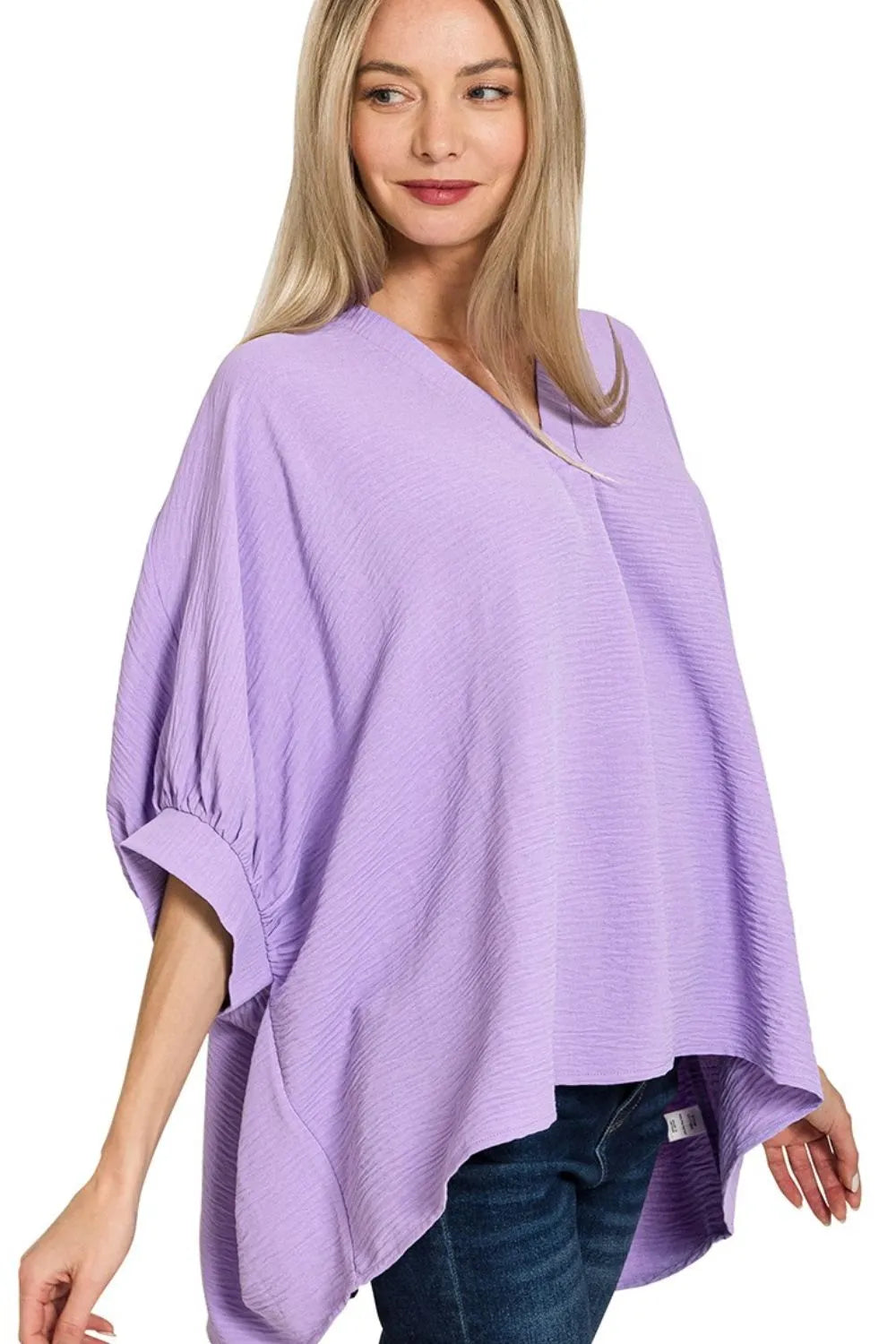 Zenana Lavender Woven Airflow V-neck Puff Half Sleeve Top