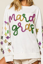 BiBi Off White Fleur De Lis Sleeve Mardi Gras Pullover