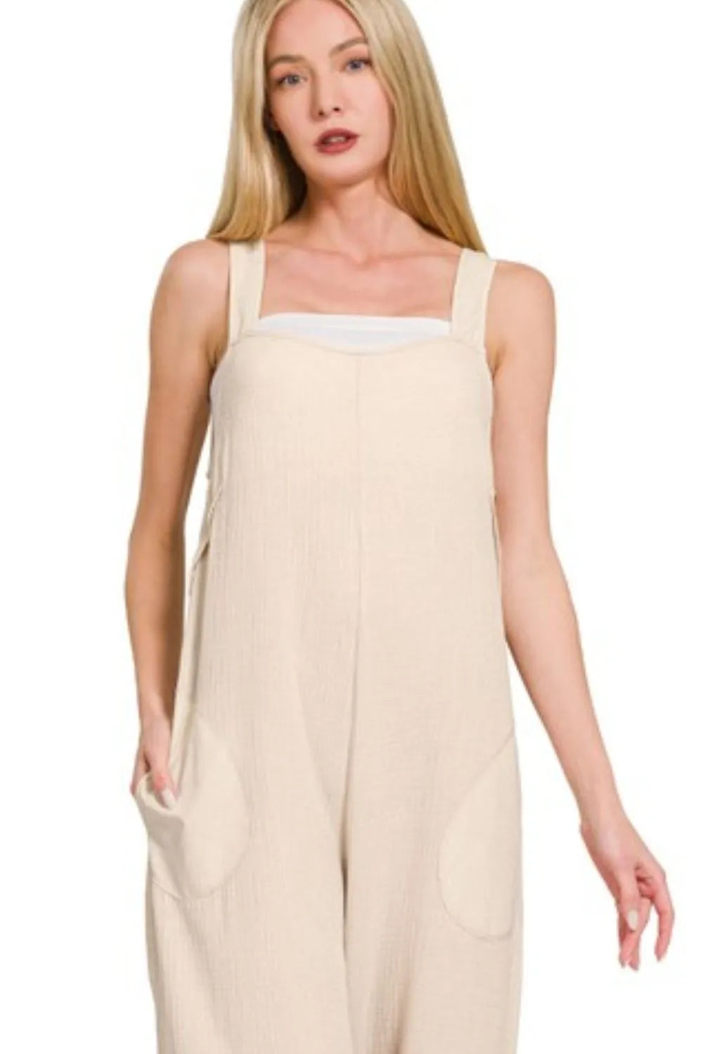 Zenana Sand Beige Double Gauze Washed Wide Leg Overalls