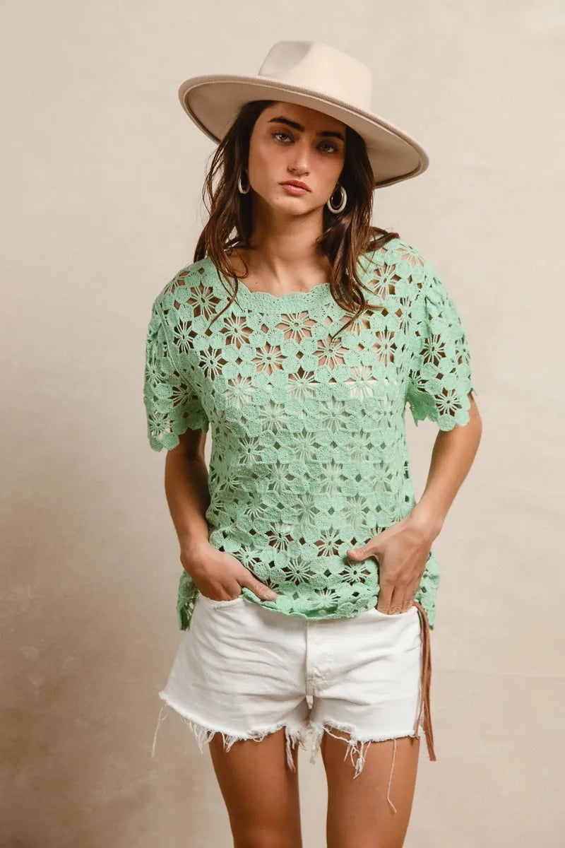 BiBi Light Green Openwork Crochet Short Sleeve Knit Top