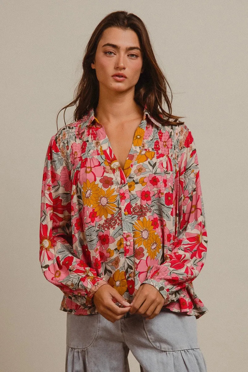 BiBi Woven Floral Printed Long Sleeve Blouse