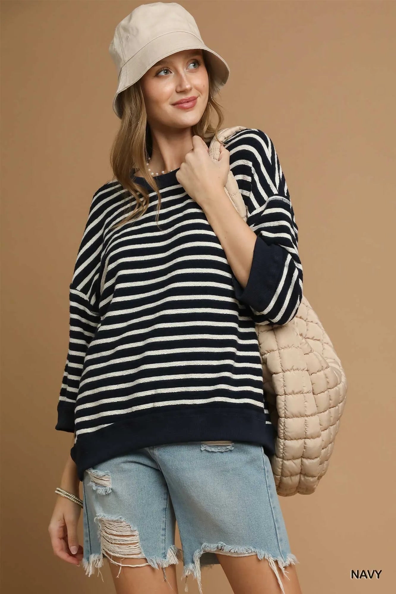 Umgee Navy Ribbed Hem Striped Oversized Knit Top