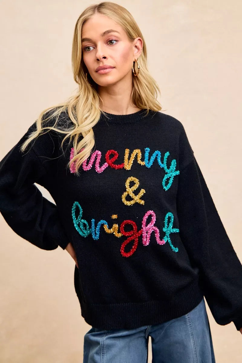 BiBi Black Tinsel Lettering Merry & Bright Christmas Sweater