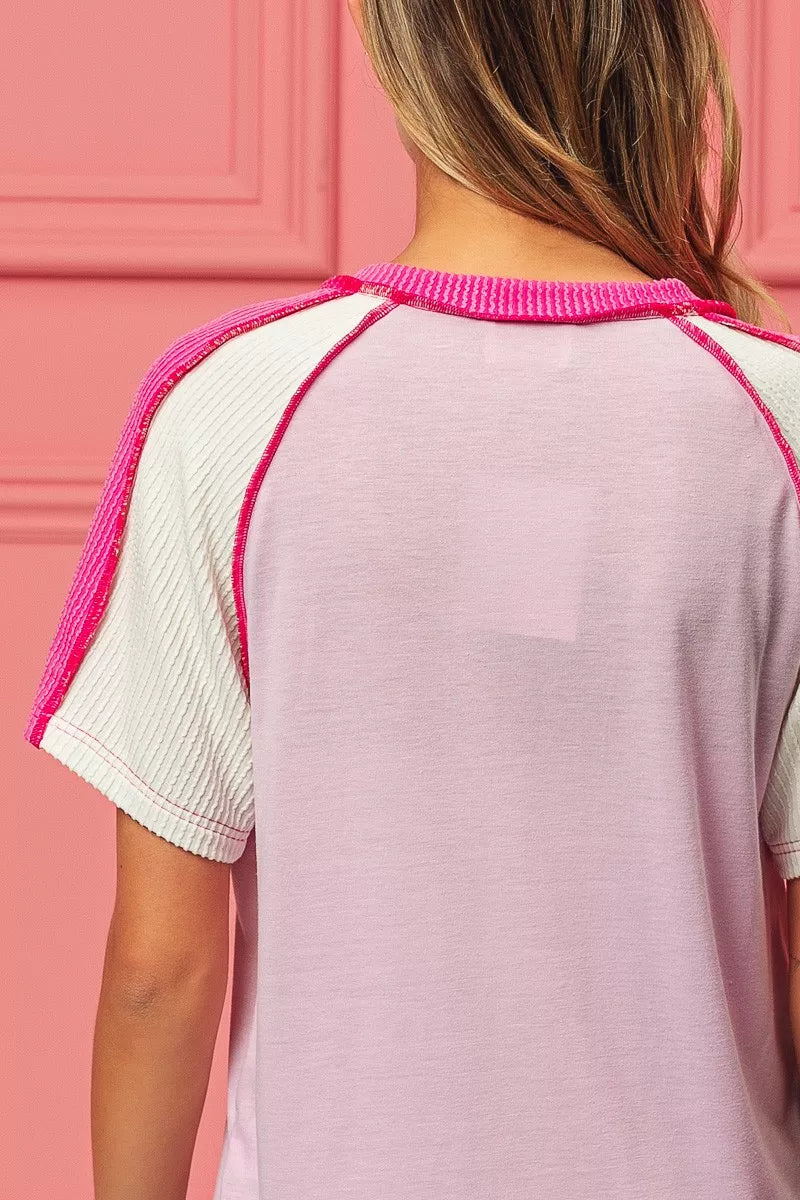 BiBi Pink & Fuchsia Cord Rib Combo V Neck Jersey Knit Top