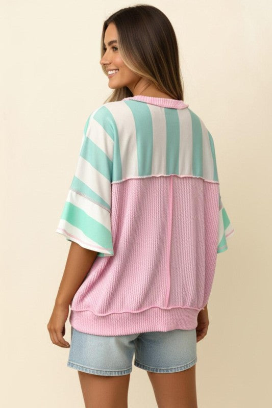 Haptics Flutter Elbow Sleeve Stripe French Terry Top – Mint/Blush