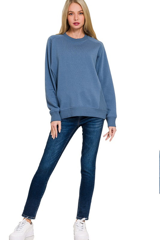 Zenana Ash Blue Fleece Round Neck Ribbed Side Raglan Sweatshirt