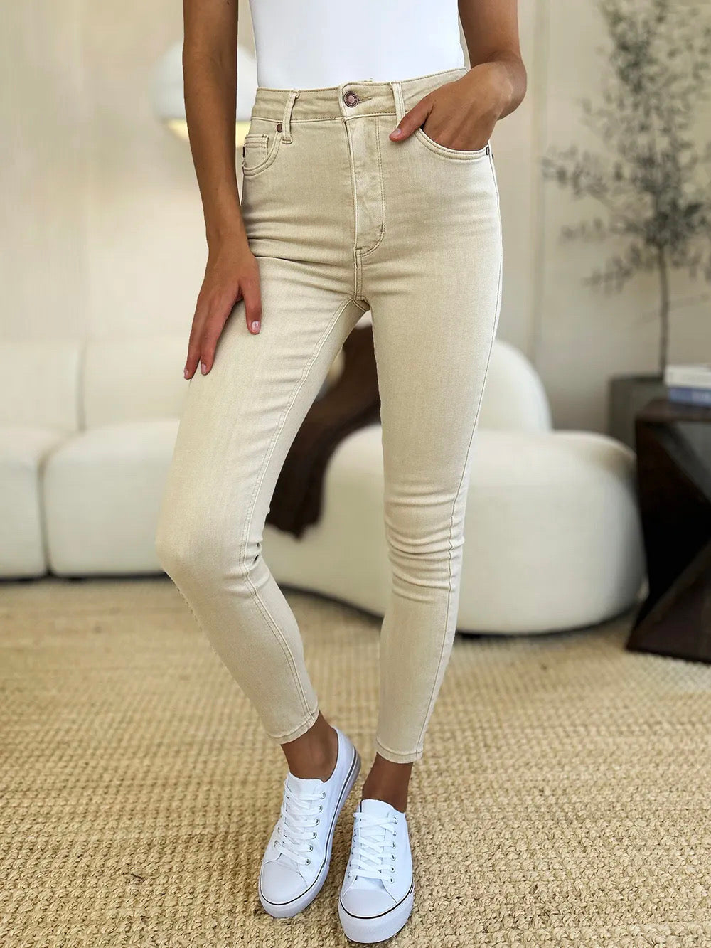 Judy Blue Bone Garment Dyed Tummy Control Skinny Jeans BONE