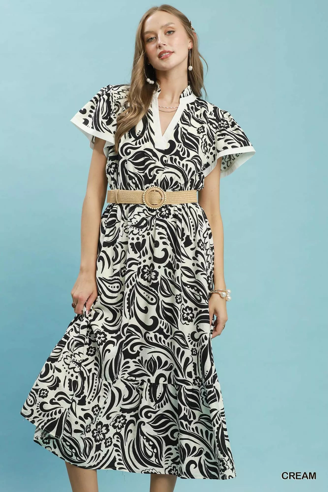 Umgee Cream Paisley Print Midi Dress with Side Pockets CREAM