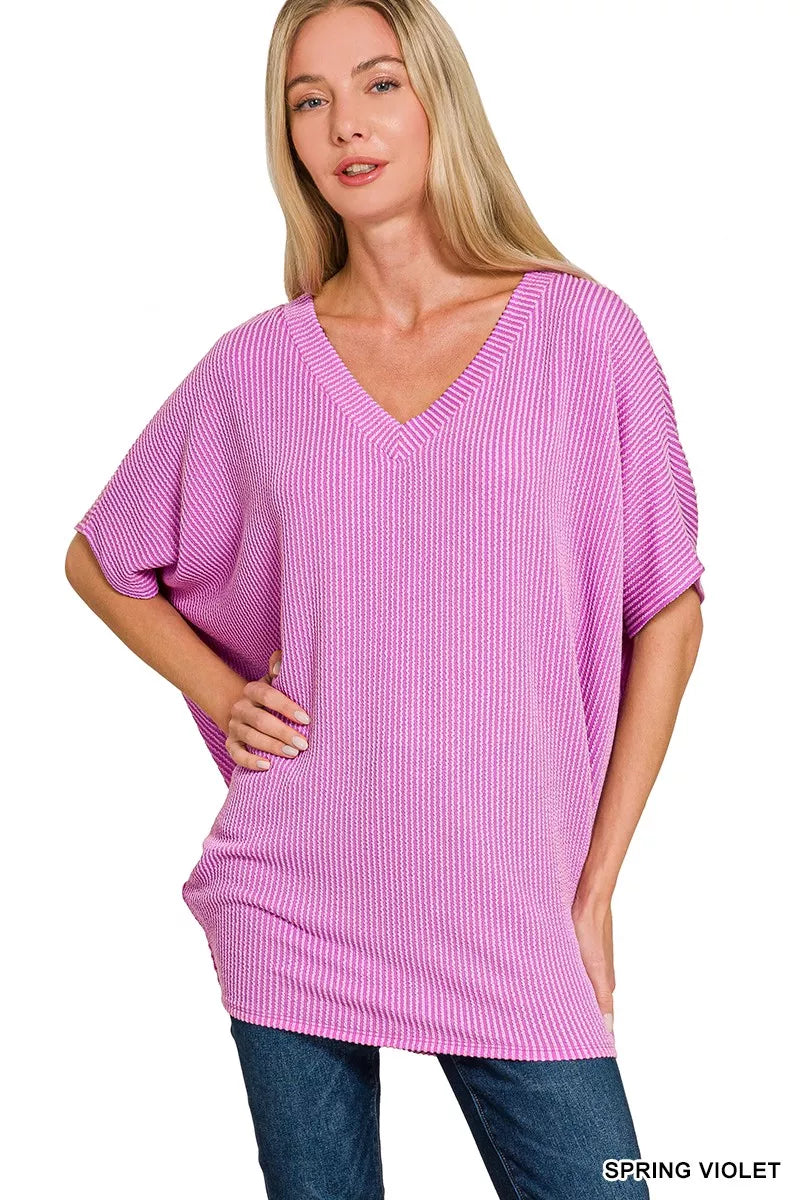 Zenana Spring Violet Raised Rib V-Neck Batwing Top SPRING VIOLET