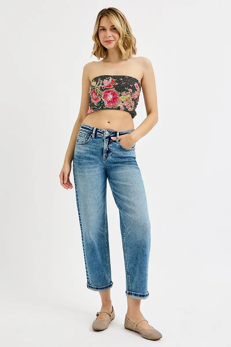 RISEN Medium Washed High Rise Crop Boyfriend Jeans