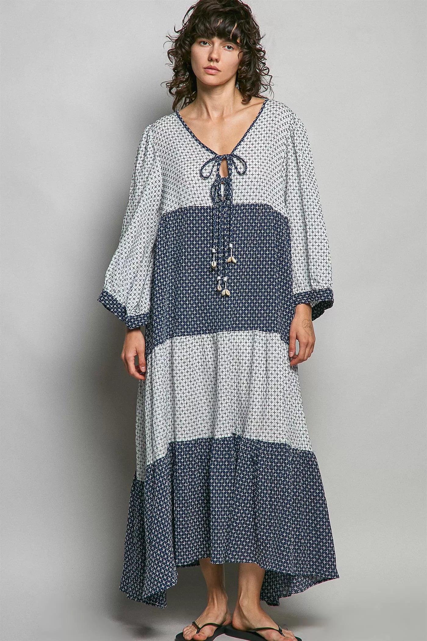 POL Tiered Boho Two-Tone Maxi Dress IVORY INDIGO