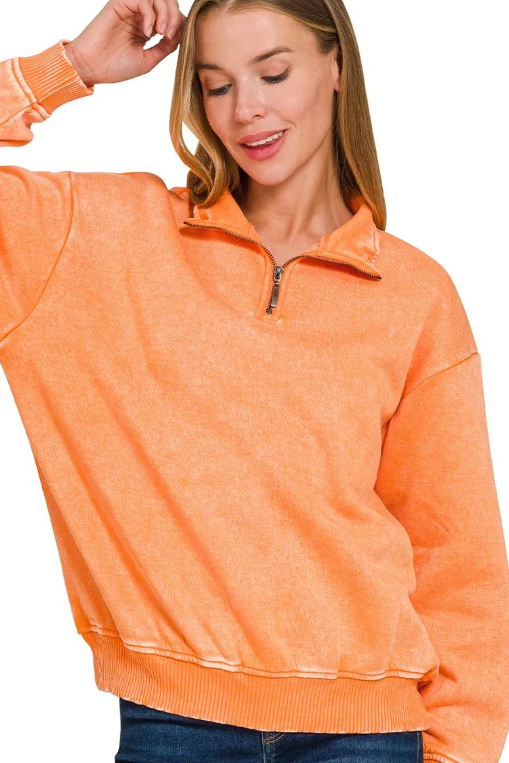 Zenana Light Orange French Terry Pigment & Enzyme Washing Half Zip Top