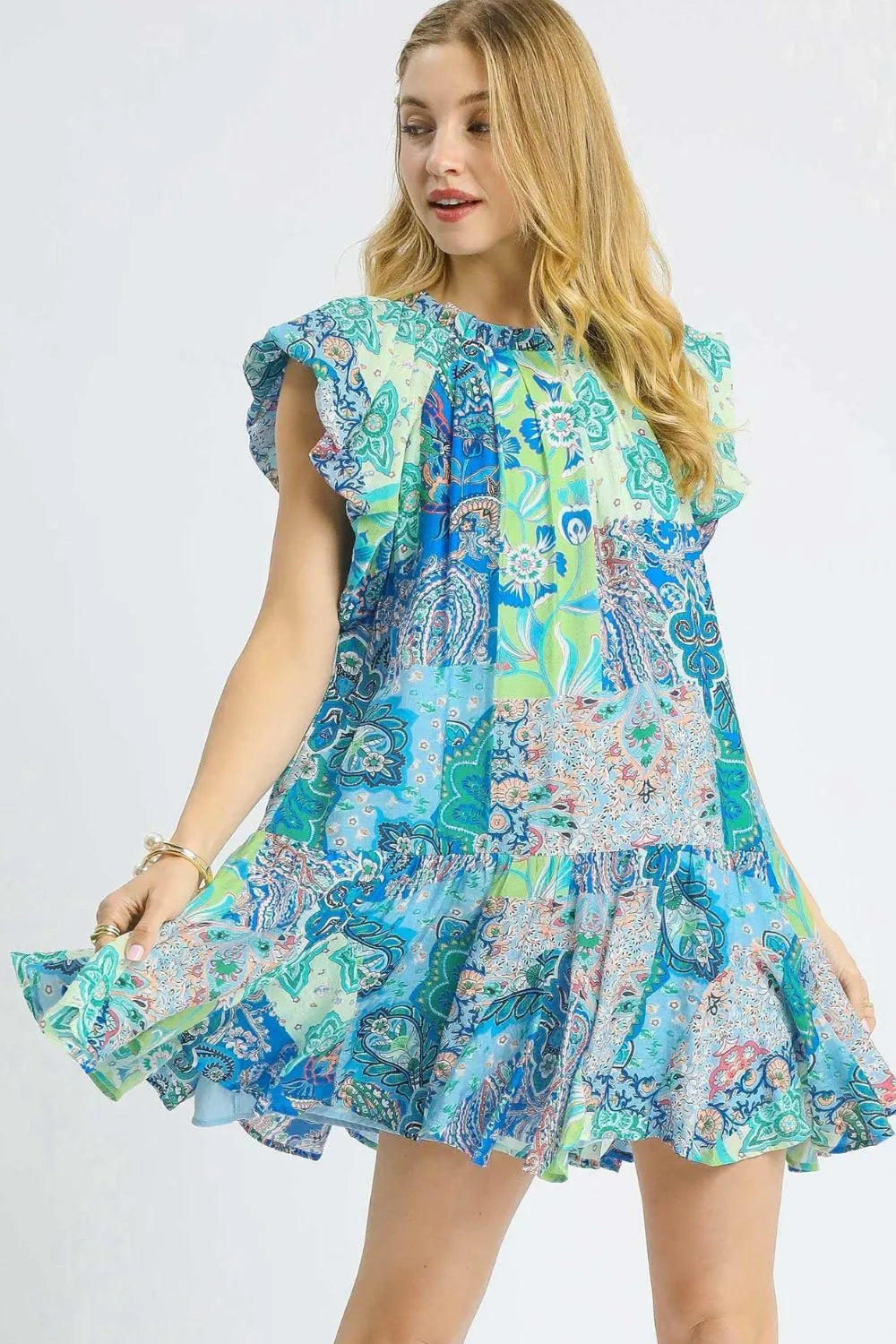 Umgee Blue Mix Patchwork Paisley Printed Ruffle Sleeve Mini Dress