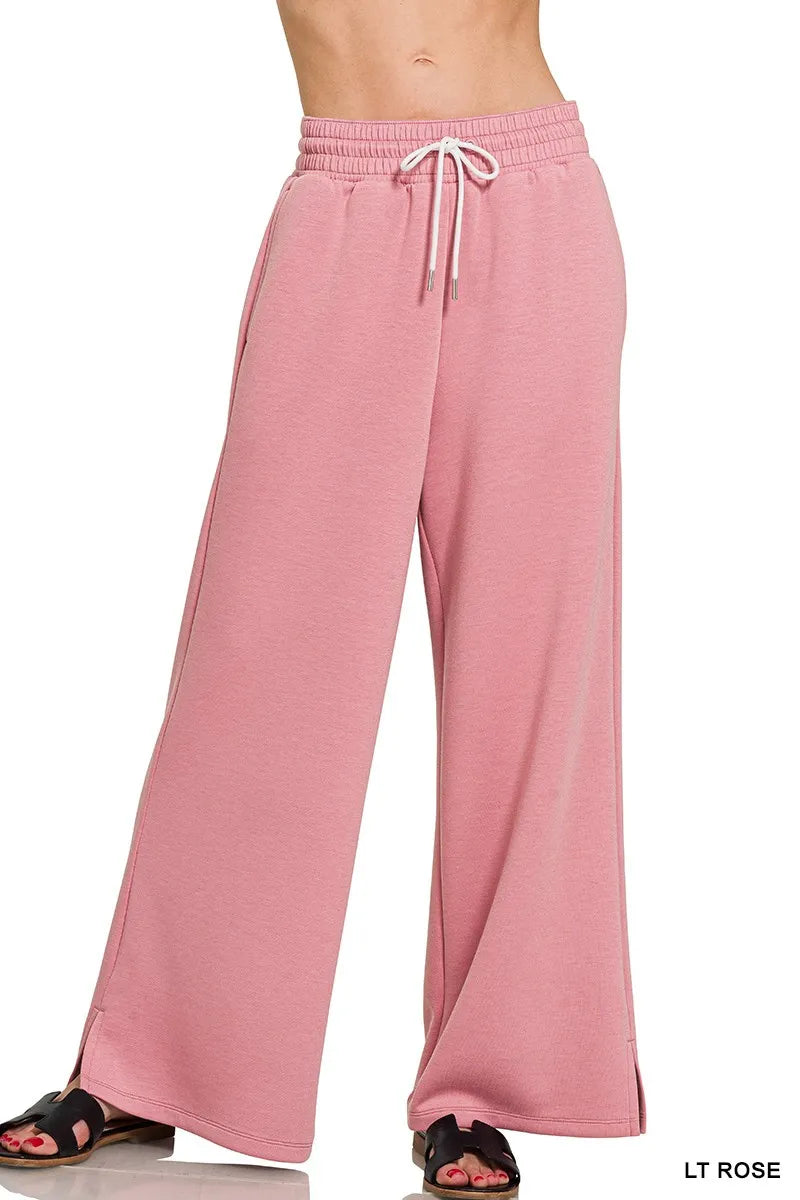 Zenana Wide Leg Light Rose Scuba Drawstring Pants LT ROSE