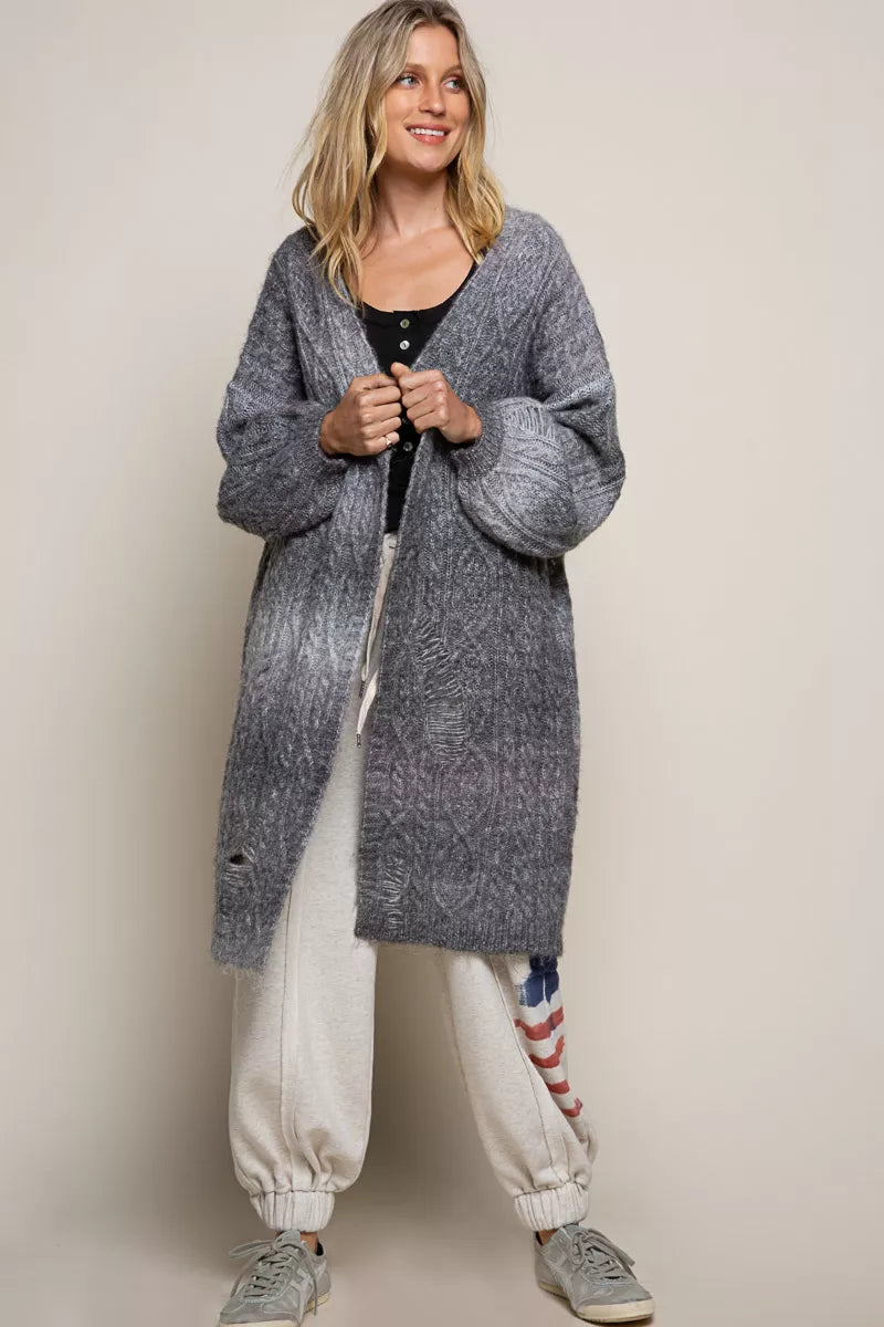 POL Distressed Cable-Knit Ombre Dying Cardigan