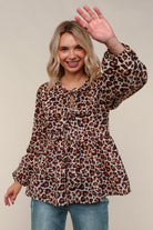 Haptics Leopard Print Front Ribbon Bow Tie Babydoll Woven Blouse