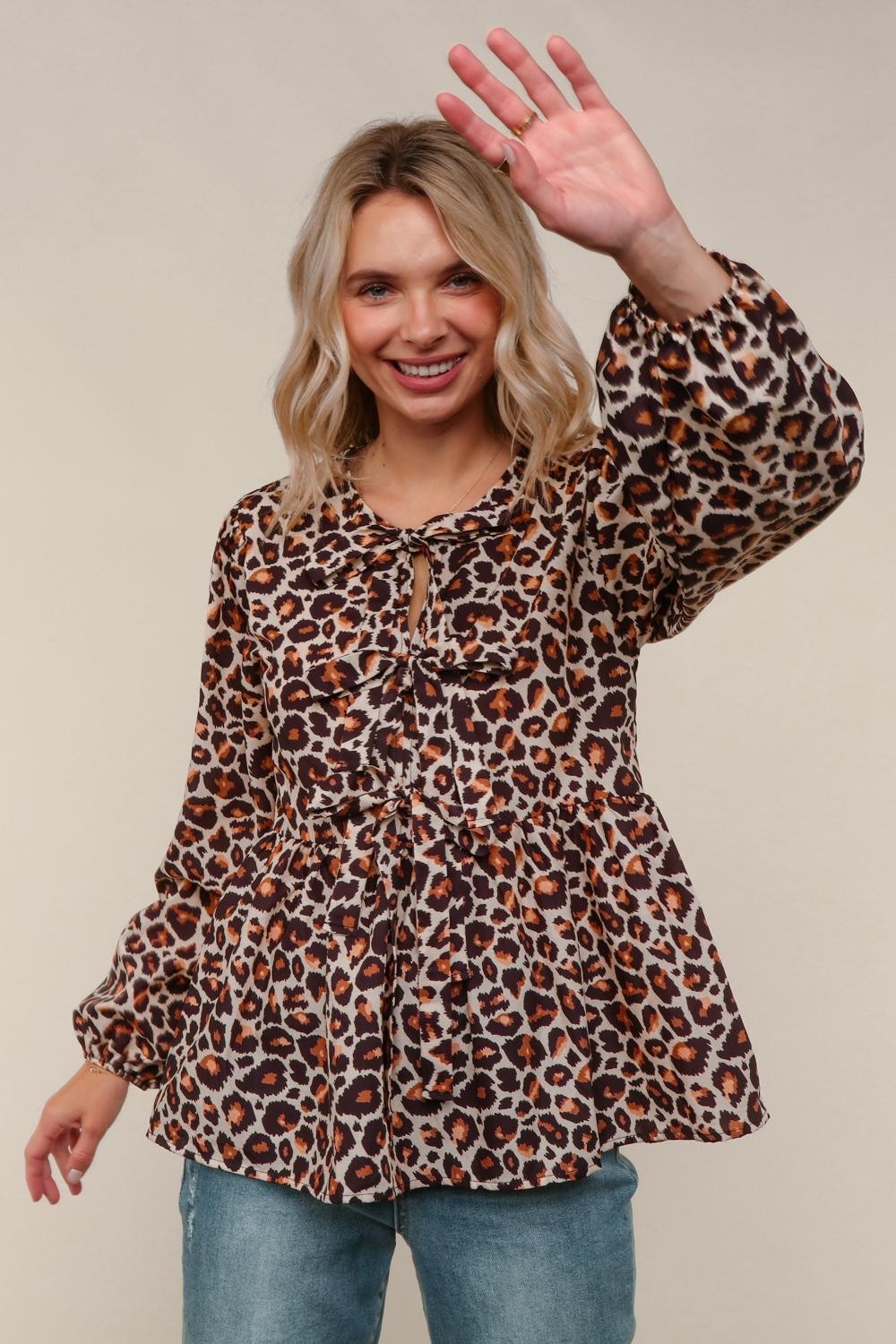 Haptics Leopard Print Front Ribbon Bow Tie Babydoll Woven Blouse