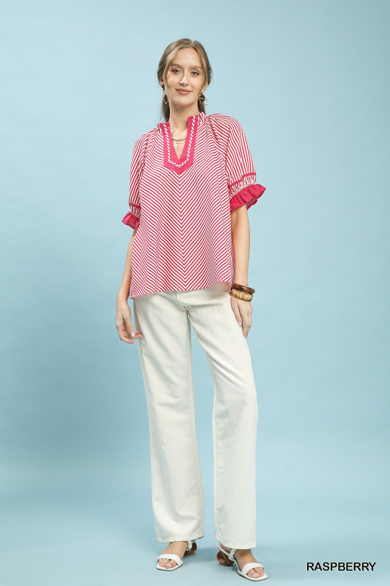 Umgee Raspberry Stripe Ruffle Sleeve Split-Neck Blouse