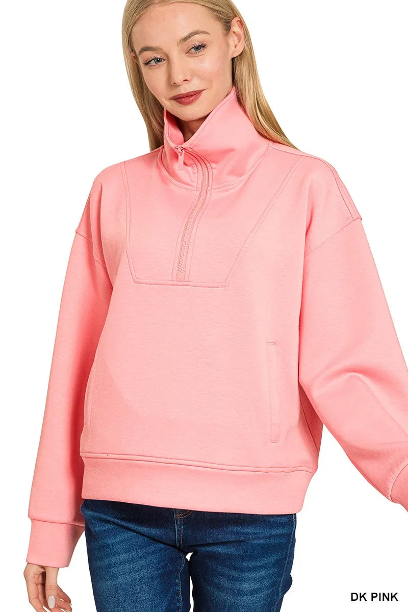 Zenana Scuba Half Zip Sweatshirt with Pockets DK PINK