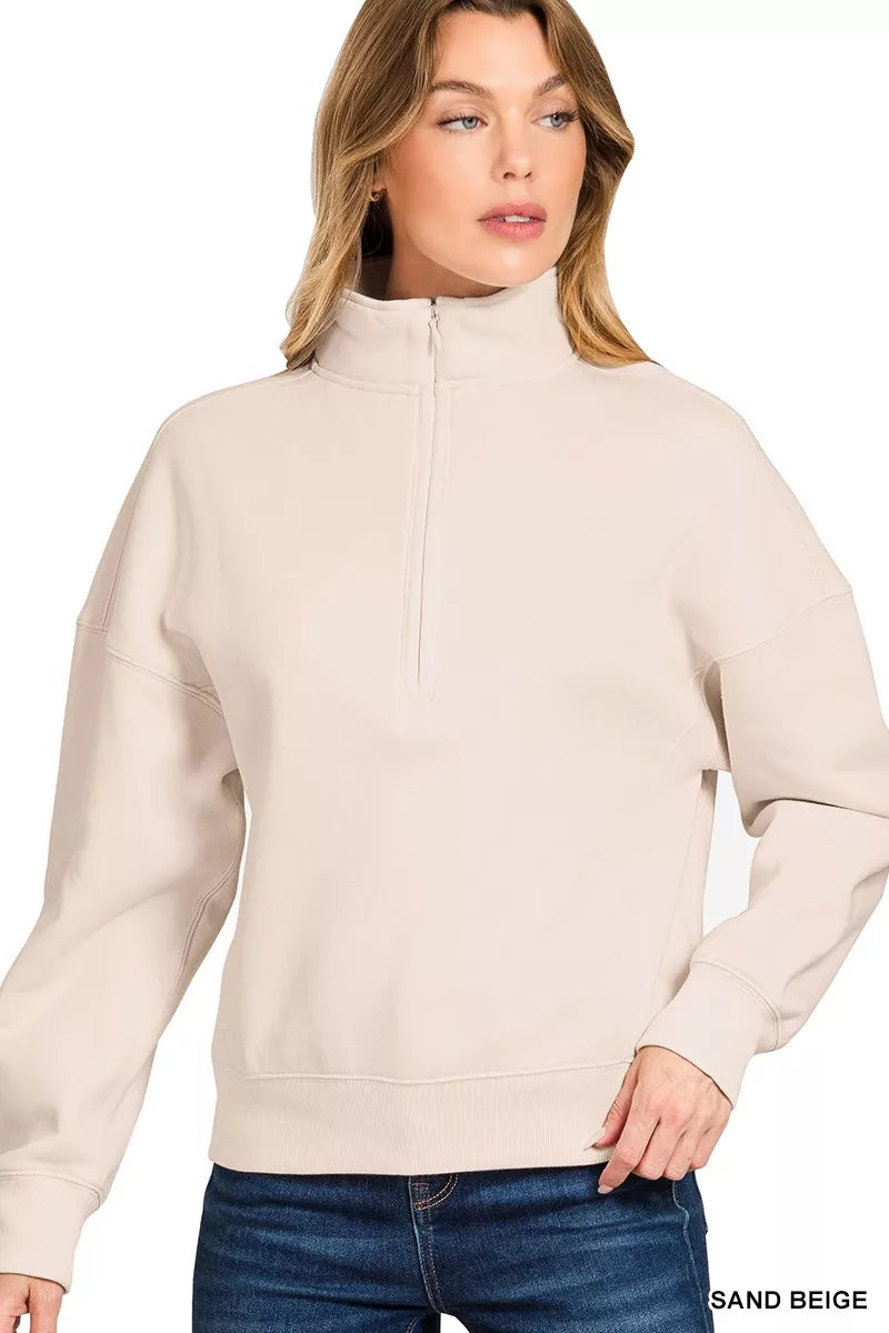 Zenana Sand Beige Fleece High Neck Half Zip Sweatshirt SAND BEIGE