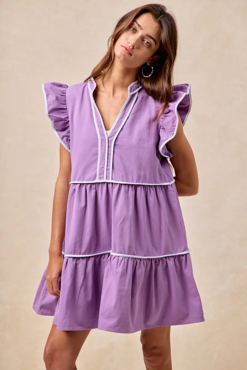 BiBi Purple Game Day Theme Contrast Binding Ruffled Dress