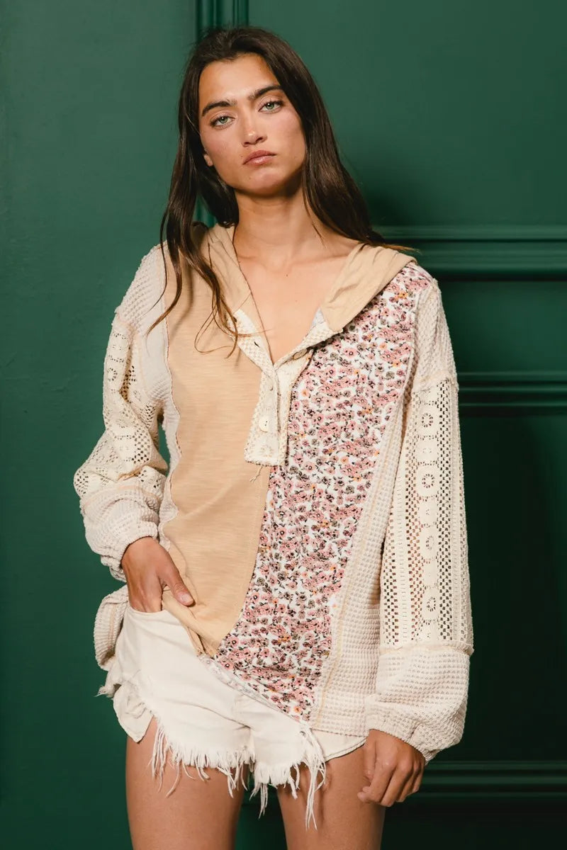 BiBi Taupe Slub Jersey with Lace Combo Buttoned Hoodie Top