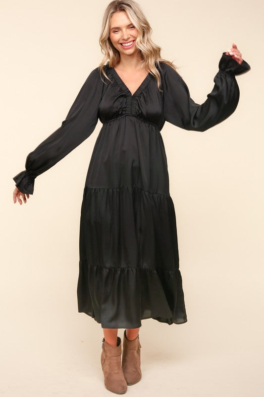 Haptics Elegant Black Elastic V Neck Tiered Satin Maxi Dress Dresses