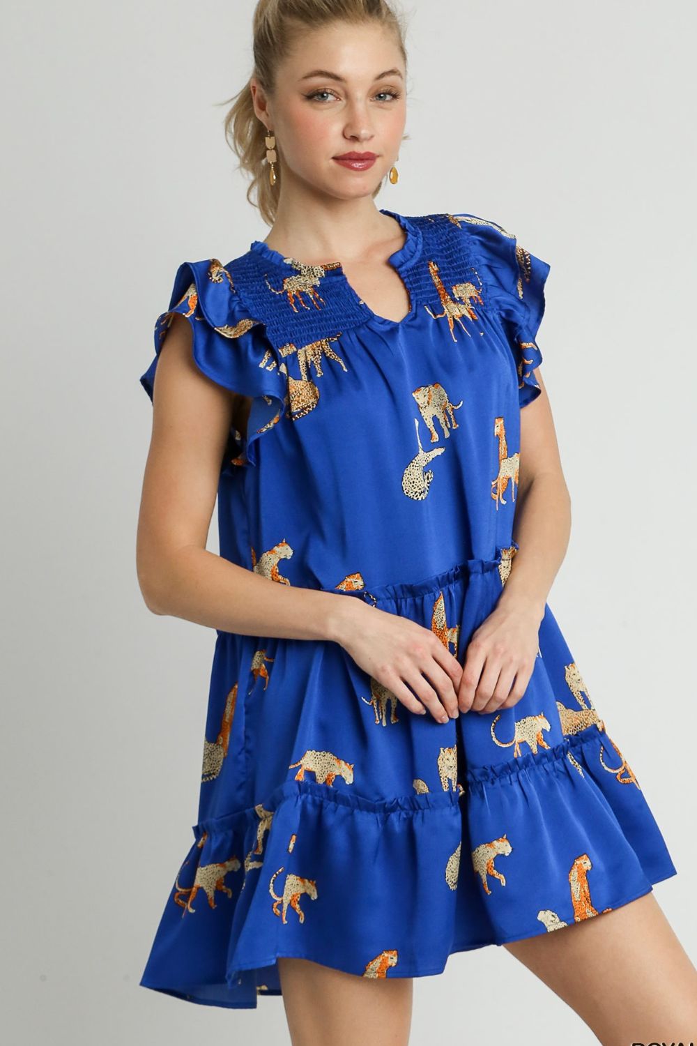 Umgee Royal Blue Cheetah Print Notched Ruffle Layered Cap Sleeve Mini Dress Royal Blue