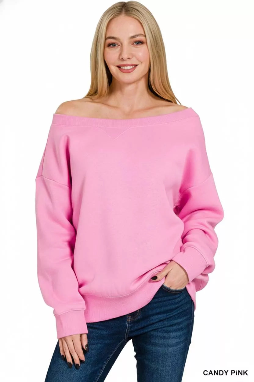 Zenana Candy Pink Fleece Boat Neck Sweatshirt