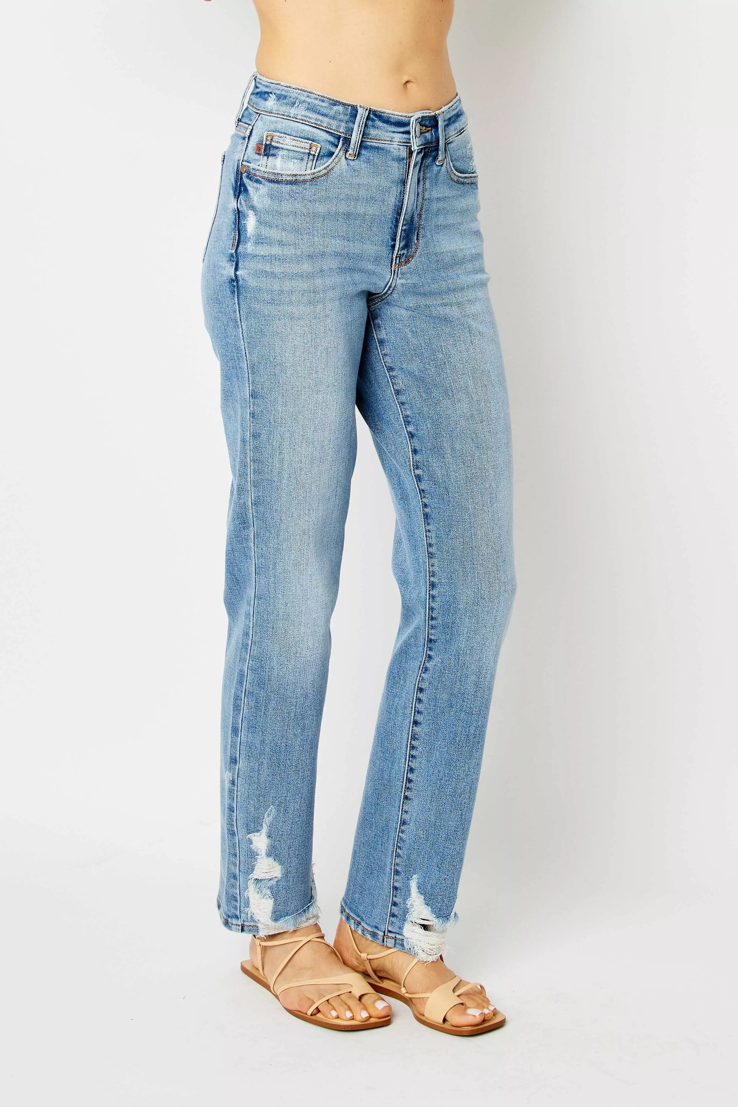 Judy Blue Medium Washed High Waist Straight Jeans with Heavy Destroy Hem