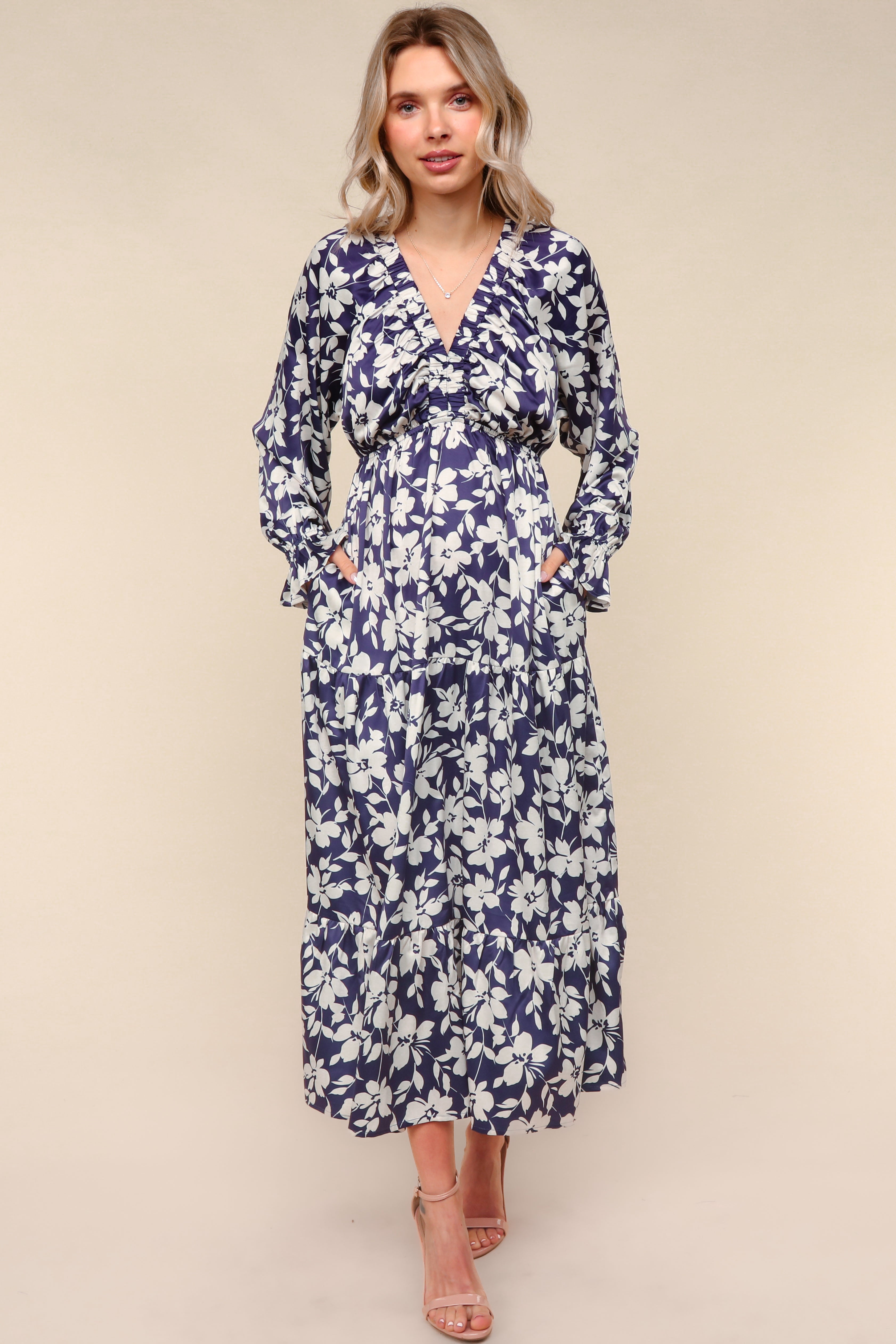 Haptics Navy Satin Floral Tiered Babydoll Maxi Dress