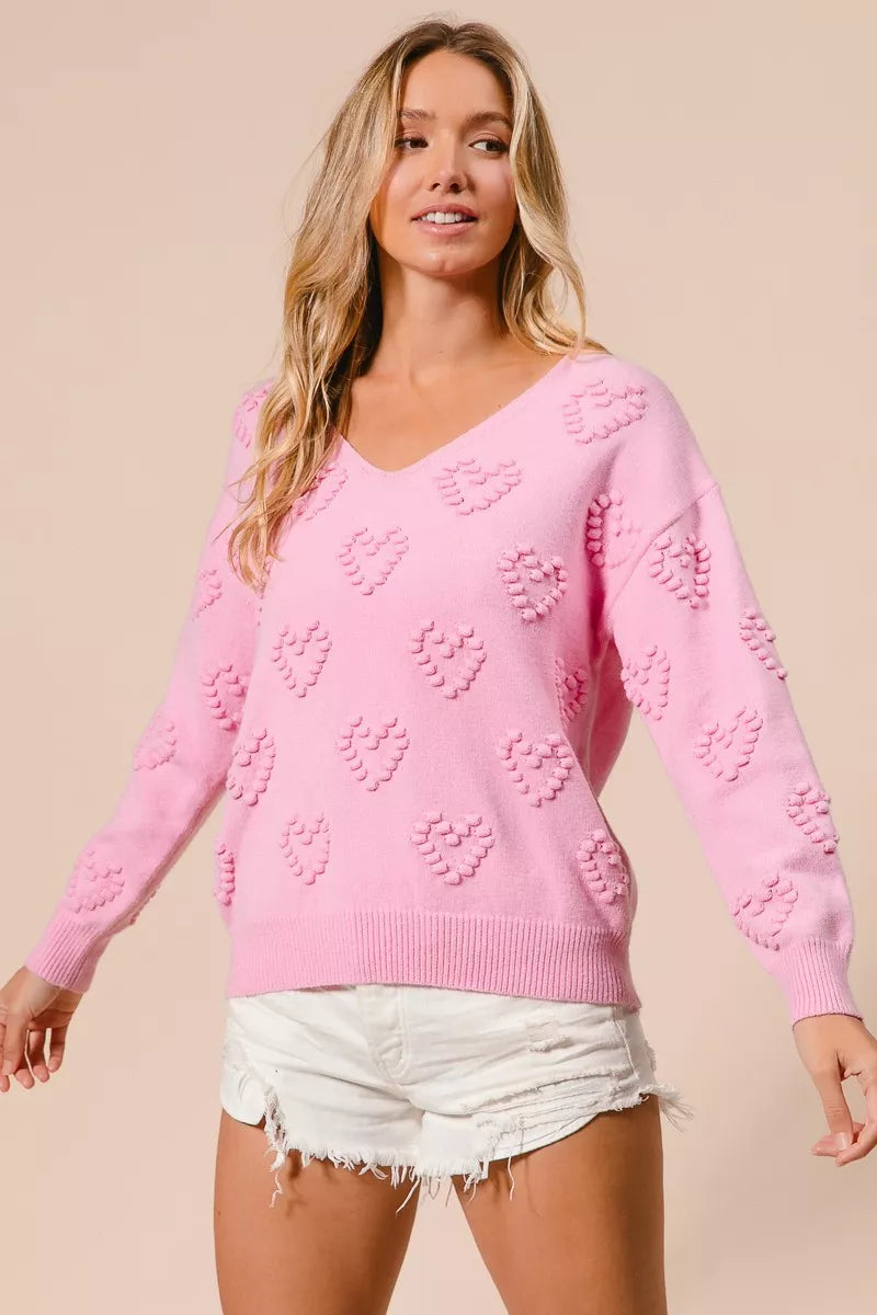 BiBi Valentines Heart Pompom V Neck Knit Top PINK