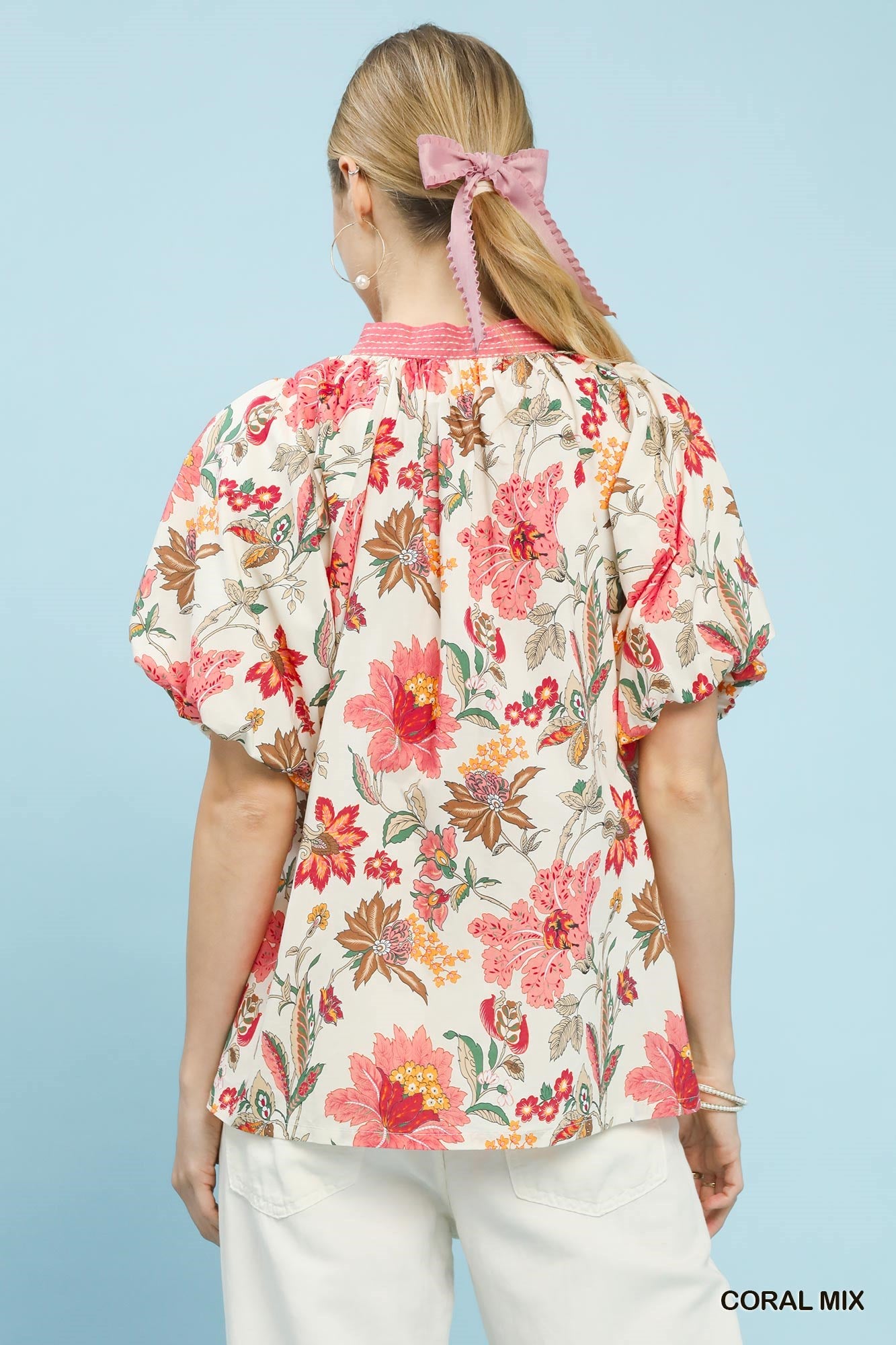 Umgee Coral Mix Floral Puff Sleeve Blouse