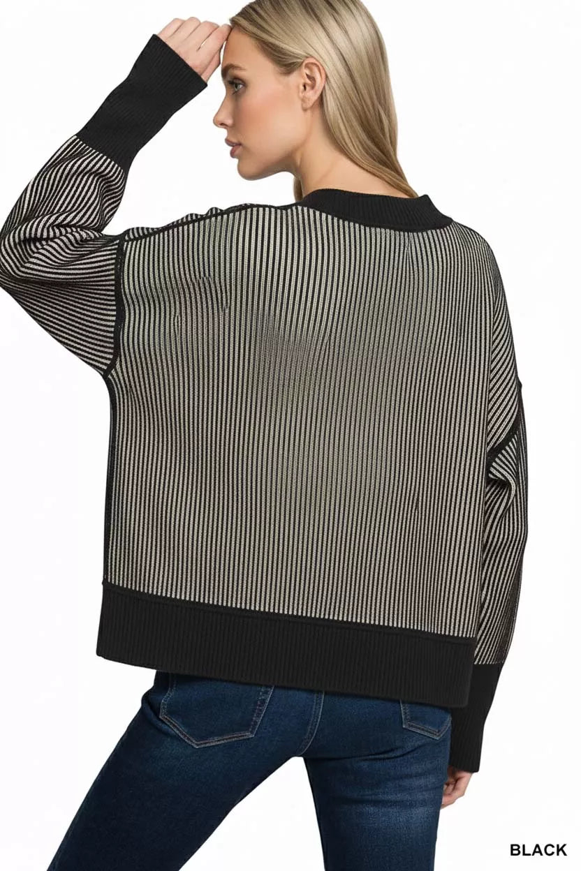 Zenana Black Ribbed Exposed Seam Two Tone Sweater