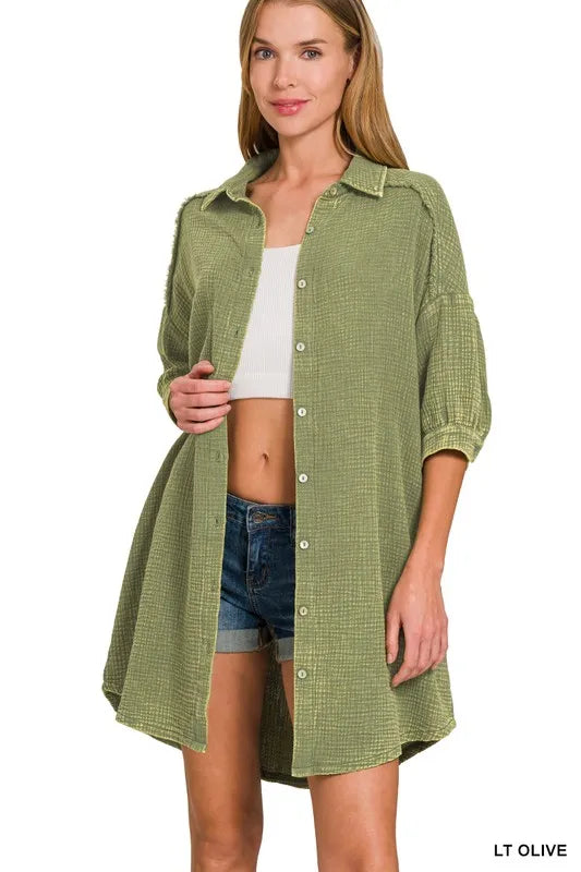 Zenana Light Olive Washed Double Gauze Button Down Shirt Dress