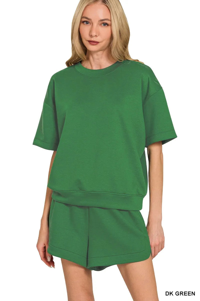 Zenana Dark Green Scuba Short Sleeve Top & Shorts Set