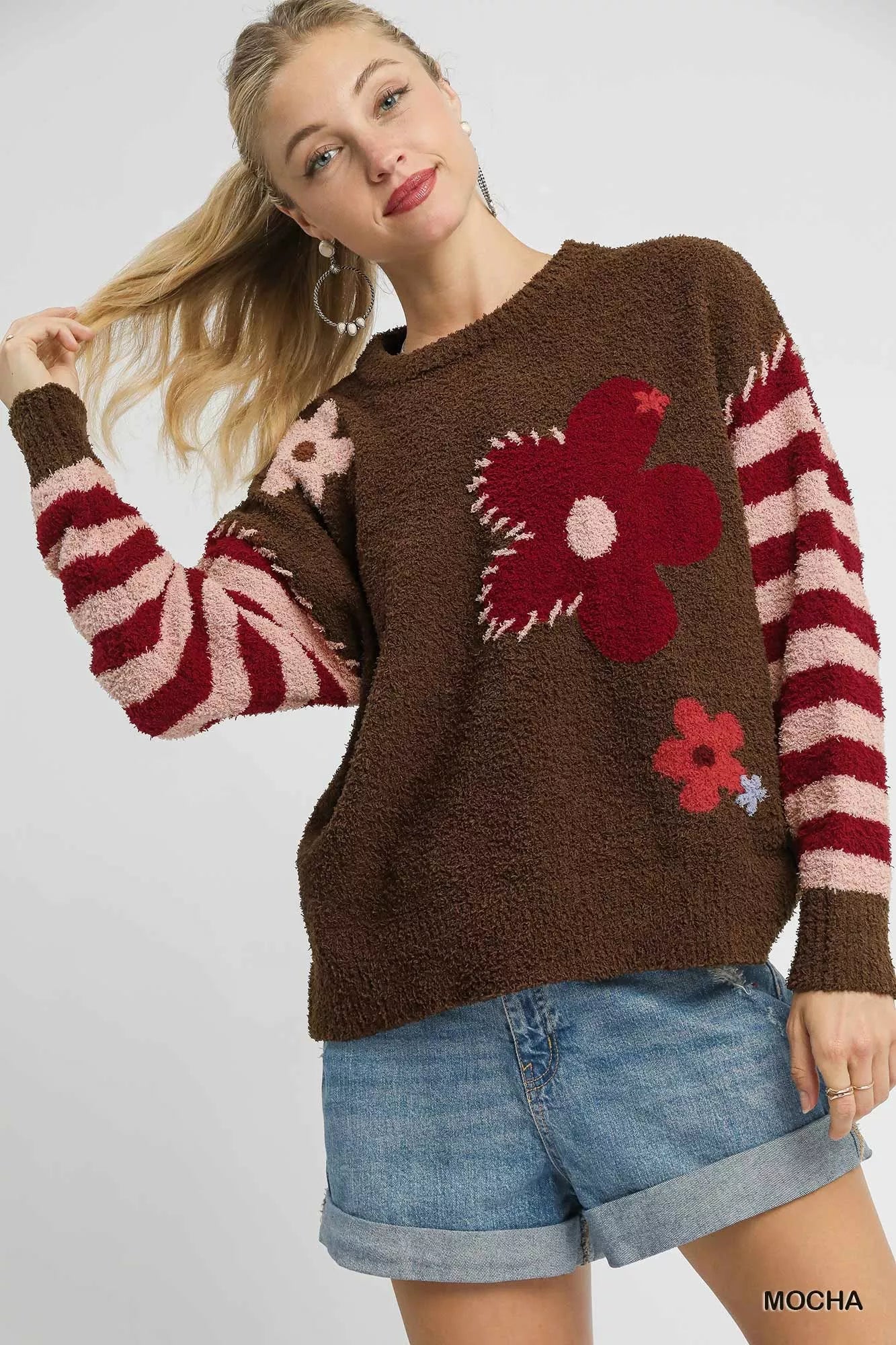 Umgee Mocha Flower Jacquard Striped Long Sleeve Sweater
