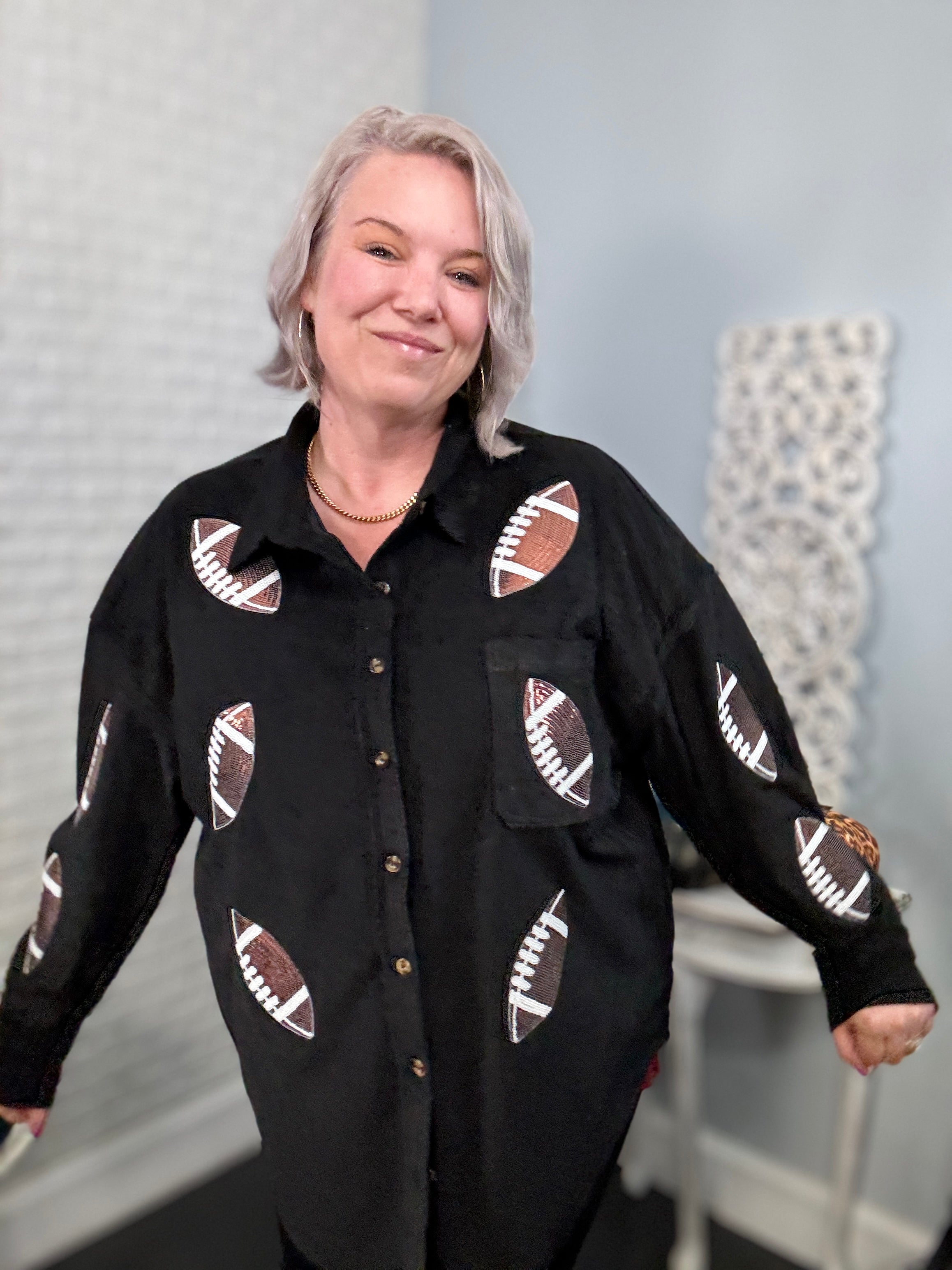 Preorder: Ruby Idol Sequin Football Black Button Up Long Sleeve Corduroy Jacket Shirts & Tops