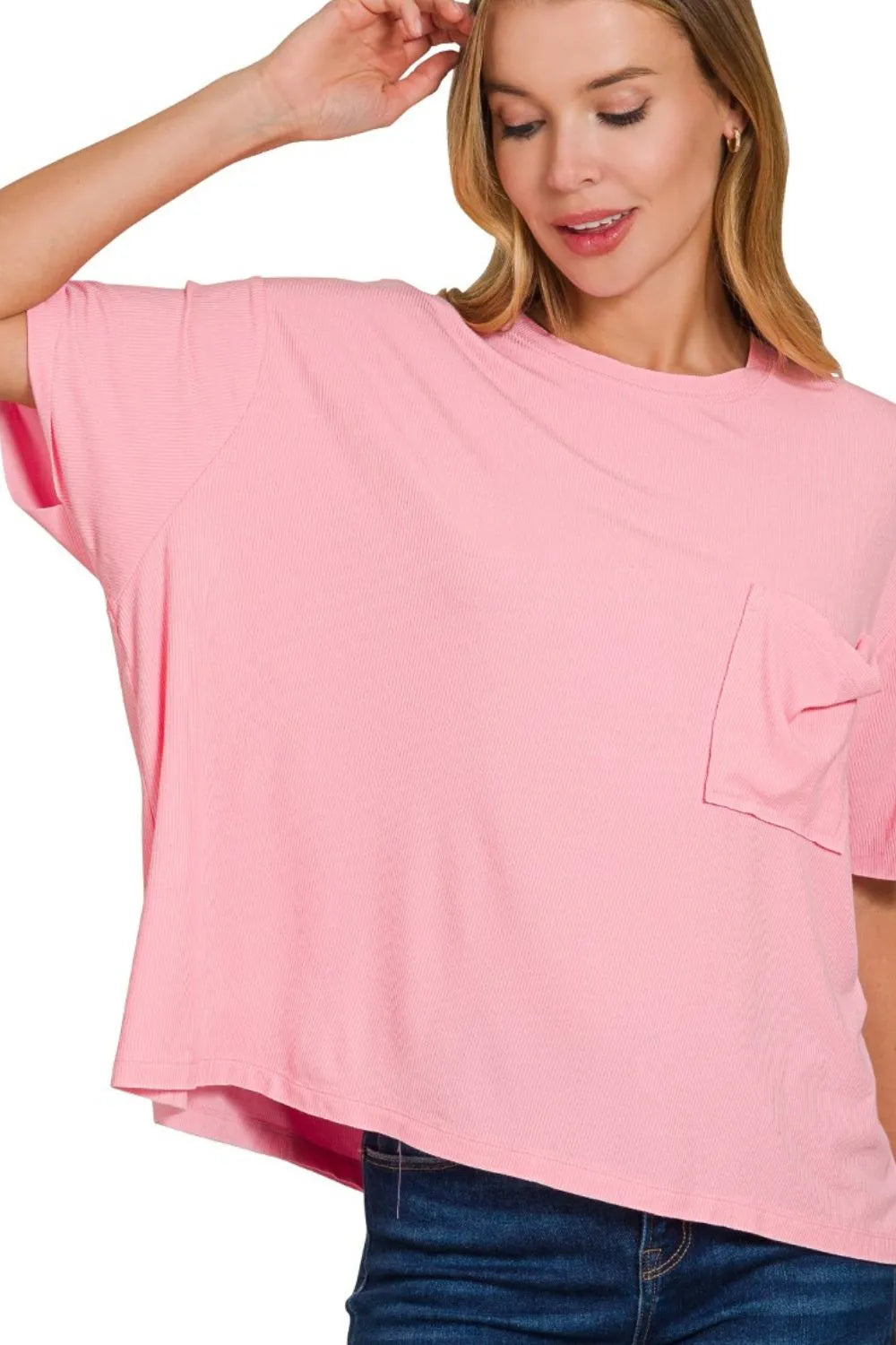 Zenana Dark Pink Oversized Ribbed Round Neck Short Sleeve Tee DK PINK