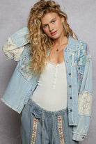 POL Printed Woven Mix Raw Hem Jacket with Lace Detail