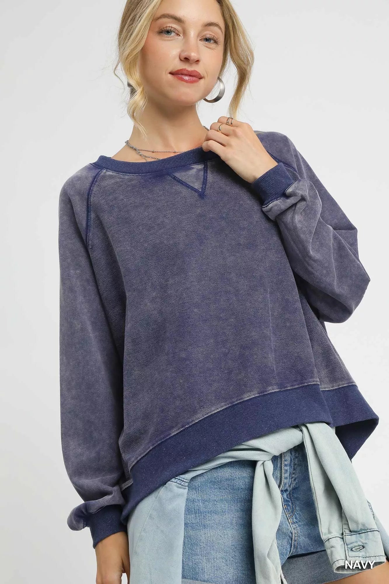 Umgee Navy Mineral Wash French Terry Sweatshirt Navy