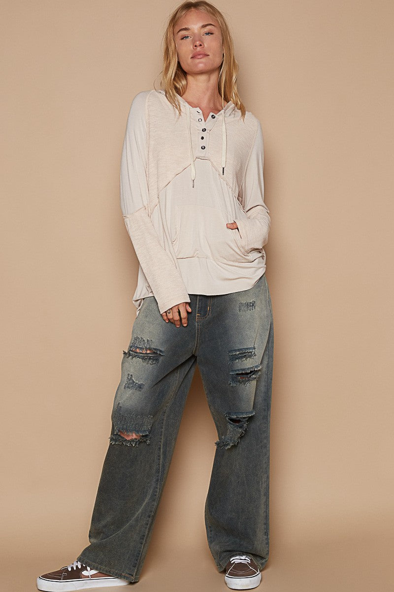 POL Rosewood Oversized Hooded Henley Long Sleeve Top Shirts & Tops